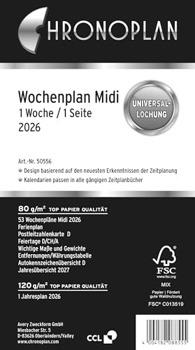 Chronoplan 50556 kalenderinlägg 2026 (veckoplanering midi (96 x 172 mm), ersättningskalendarium för mötesplanerare, perfekt för detaljerad veckoplanering, 1 vecka på 1 sida i rader, med universell