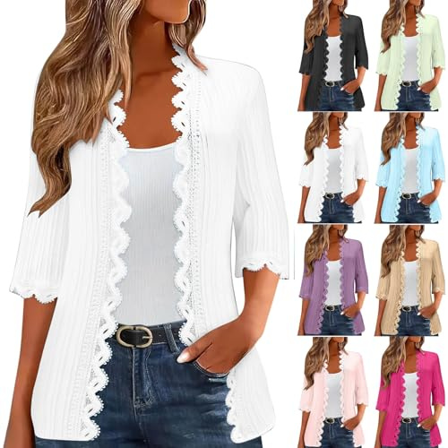 KUIH Lace Cardigans for Women UK Elegant 3/4 Sleeve Cardigans Lightweight Ladies Open Front Summer Cardigan Business Office Casual Bolero Shrug Womens Blouses for Dress Evening Party Wedding Daily