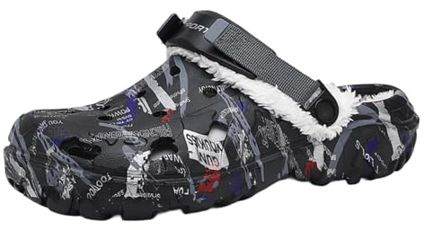 Zuecos cálidos y mullidos para hombre, con forro de invierno, zapatos de jardín, zapatos de EVA sin cordones, sandalias deportivas atléticas con correa trasera ajustable, Black, 42.5 EU