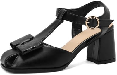 Generico Sandali Donna con Tacco Blocco T-Strap Pelle PU Punta Aperta Fiocco Fibbia Regolabile Estate Ufficio,Nero,46 EU