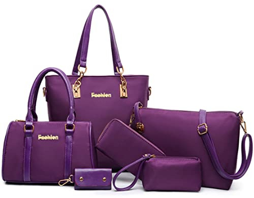FiveloveTwo Mujeres Damas Juego de 6 Piezas Bolsos Bandolera Mochila Totes Shoppers y Bolso de Hombro Cuero de PU Carteras de Mano y Clutches Púrpura