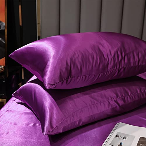 Satin Seide Spannbettlaken Spannbetttuch Boxspringbett,Surwin Weiche Einfarbig Matratzenbezug Steghöhe bis 36/40 cm,mit Elastischem Gummiband für Einzelbett Doppelbett (2 Kissenbezüge,Aubergine Lila)