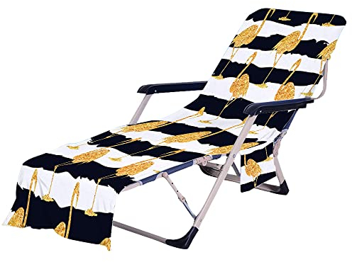 Surwin Schonbezug Für Gartenliege Flamingo Strandliegenauflage Frottee Liegenauflage Stuhl Strandtuch Sun Lounger Bezug mit Tasche Sporthandtuch für Strand Schwimmen (Schwarze Streifen,75x210cm)