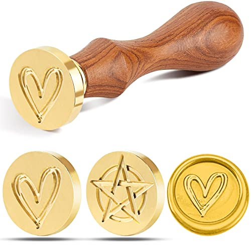 Wachssiegel Stempel, Abnehmbarer Messingkopf-Siegelstempel mit 1 Stück Holzgriff, für Umschlag/Einladungen/Karten/Geschenk/Retro Wachs Siegel (Herz+Stern)