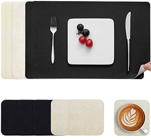 Myir JUN Table Mats Placemats and Coaster Sets 6 Place Mats for Table | Dual-Sided Faux Leather Table Mats Heat-Resistant Waterproof Non-Slip 43 x 30 cm for Kitchen Dining (Cream-White Black)