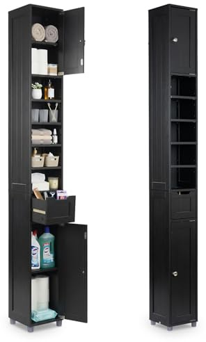 VOUNOT Badezimmerschrank Hoch mit 2 Türen und 1 Schublade, Badschrank Schmal, Badezimmer Hochschrank, 20x20x180cm, Schwarz