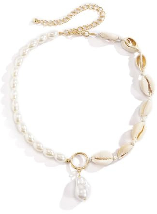 Shell Necklace Natural Pearl Choker Necklace Adjustable Seashell Necklac Handmade Shell Clavicle Necklace Summer Hawaiian Style Braided Rope Natural Shell Necklace Boho Beach Jewelry for Women Girls,