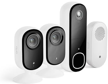 Arlo Sicherheitsset-Wohnung, 2X Indoor Kameras + 1x Video Türklingel & Türgong - Ideal Als Babyphone, Haustierkamera, Hausüberwachung, 2-Wege-Audio, Nachtsicht Secure Plan Testzeitraum