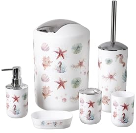 Qualiware Bathroom Accessory Set 6 Pieces Luxury Modern Vanity Bath Accessories Bath Set Toilet Brush with Holder, Soap Dish, Lotion Dispenser, Toothbrush Holder, Tumbler, Trash Bin (Seahorse)