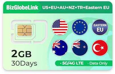 EIOTCLUB Tarjeta SIM de datos 2 GB por 30 días en Turquía, Australia, Nueva Zelanda, Europa del Este, Estados Unidos y 33 países europeos, 5G, recargable