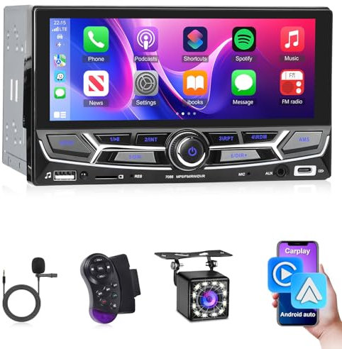 Techschermo 2 Din Radio mit Carplay & Android Auto - 6,86 Zoll Touchscreen Doppel Din Radio mit Spiegelnder Link, EQ, Bluetooth, FM Radio, AUX/USB/Type-C Anschluss, Lenkradsteuerung + Rückfahrkamera
