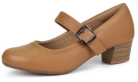 Ortho+rest Women Mary Janes Heels for Bunions Chunky Low Heels Court Shoes （7,Tan