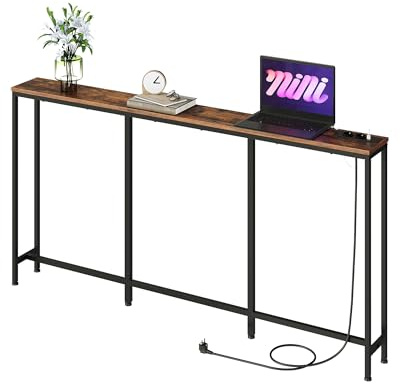CHOEZON 160 cm konsolbord, hallbord med laddningsstation, smalt soffbord med 2 uttag och 2 USB, sidobord för vardagsrum, ingång, rustikt brunt och svart, DTXG16CBF