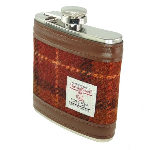 6oz Harris Tweed Hip Flask – Stainless Steel Tartan Liquor Hip flasks for Men - Leak Proof - Pocket Friendly - Gift Box, Keyring - Christmas - Liquor, Whisky, Rum (Brown with Orange Overcheck)