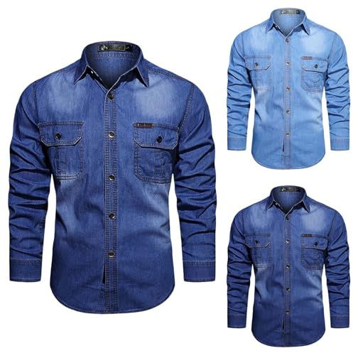 Chemise en jean pour homme en jean délavé à manches longues avec poches poitrine, Chemises bleues avec double poches, XL