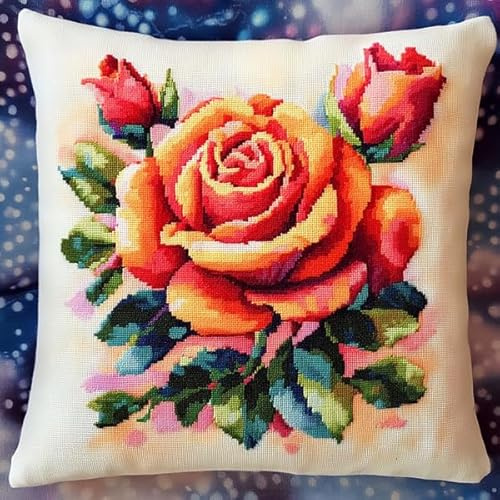 ANSIWEIGO Cojín de nudos, 43 x 43 cm, kit de anudado DIY con juego de ganchos para principiantes y adultos, lienzo impreso, cojín decorativo 3D para sofá, rosas brillantes