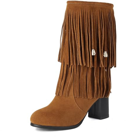 Klarmar Frangia Mid Stivali Donna Esteriore Suede Tacco a Blocco Stivali Casuale con Cerniera Stivali Corti Giallo Numero 41 EU/43