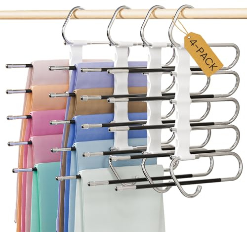 DAMITA Appendiabiti per pantaloni multipli, salvaspazio antiscivolo, pieghevoli, 4 pezzi, 5 in 1, bianco, in acciaio inox, estensibile, per pantaloni, sciarpe, jeans, vestiti, appendiabiti, Vertikaler