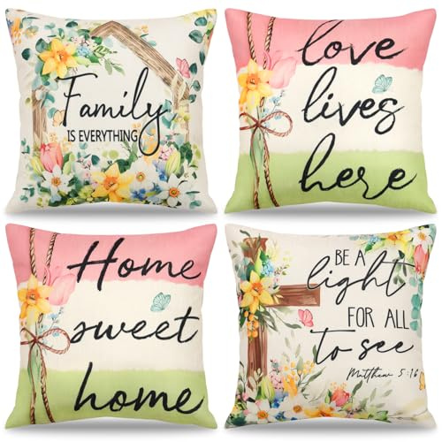 Spring Floral Cushion Covers 45x45 Set of 4 Garden Flowers Butterfly Pillow Covers Boho Farmhouse Decorative Pillowcases Linen Cushion Case Sofa Cushions for Chair Couch Living Room Bedroom