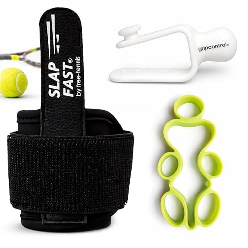 FREE TENNIS Tool Pack 1 Tennis Training Accessories (fingertoss®, gripControl®, slap fast®) | Professional Tennis Training Aids for Beginners & Intermediate Players | Tennis Trainer (Black)