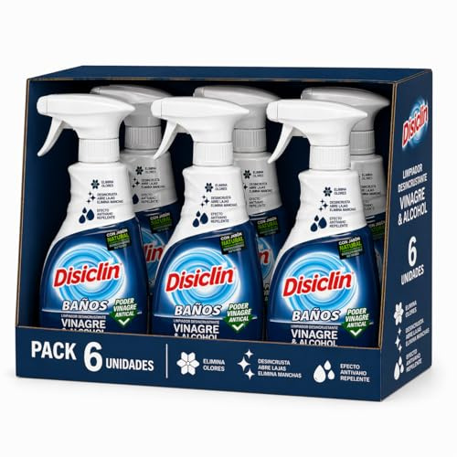 Disiclin Baños Limpiador Desincrustante Vinagre & Alcohol – Pack 6 Unidades | Elimina Cal, Olores y Manchas | Spray Multiusos para Baño, Grifos, Azulejos y Superficies