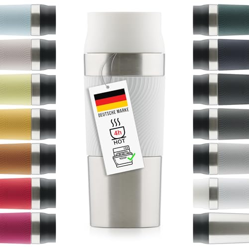 Blumtal Thermobecher 350 ml - Kaffeebecher to go aus Edelstahl - auslaufsicherer Isolierbecher kalt/heiß - Mug mit 360° Trinköffnung - Thermosbecher mit Quick-Press-Verschluss - Coffee Mug - Weiß