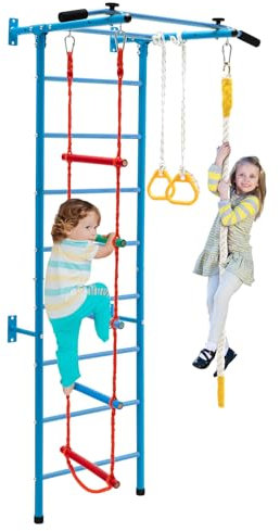 COSTWAY Swedish Ladder Set, Gymnastics Wall Gym with Climbing Frame, Pull-up Bar, Ropes and Rings, Indoor Suspension Trainer Stall Bar for Kids 3+ Years Old (no Rope Wall & Monkey Bar, Blue+Yellow)