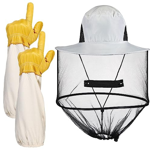 Xuhal Bee Keeping Hats and Gloves Includes Thick Goatskin Leather Bee Gloves with Ventilated Sleeves and Bee Keeper Fencing Veil Mosquito Hats Sun Hat with Hidden Net Mesh Mask