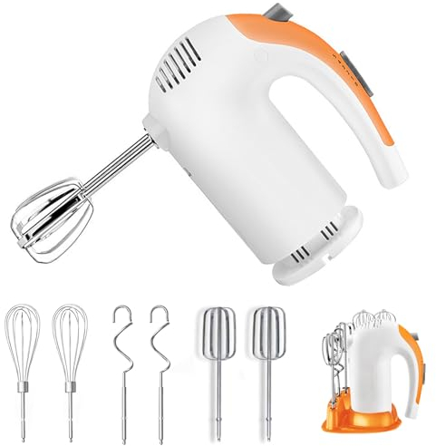 Handmixer, 300W Elektrischer Handrührgerät 5 Geschwindigkeitsstufen mit Turbo-Taste, Mixer Handrührer mit Basis für die Lagerung, 6*Edelstahl Zubehör