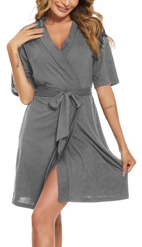 Rayson Albornoz Corto Mujer Elegante Bata Kimono de Algodón Manga Corto Verano Cuello V Albornoz Corto con Cinturón Mujer Bata