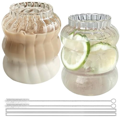 BAIFULAI Juego de vasos acanalados, 2 vasos de agua ondulados de 650 ml con 2 pajitas y cepillo de paja, vasos de café helado, vasos de bebidas, vasos de agua ondulados, vasos para latte macchiato