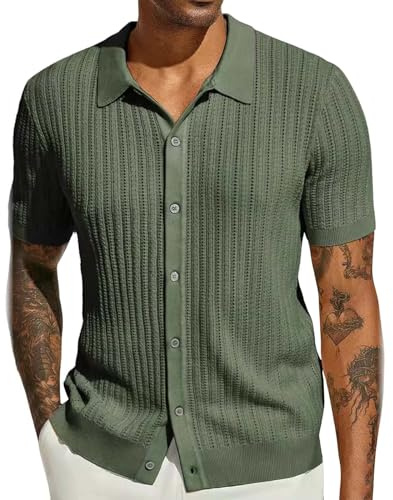 Herren Kurzarm-Strickhemd Casual Button Hollow Out Beach Shirt Herren Strickjacke Lässige Langarm Kläppchenkragen Strickjacke Poloshirt Herren Kurzarm Slim Fit Button Down Leichtes Sommerhemd