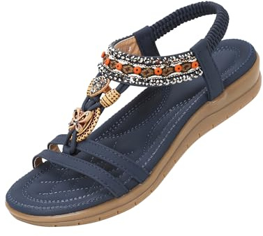SOLOYEE Sandals for Women Summer Bohemian Casual Shoes Ladies Faux Leather Open Toe Flat Sandal with Sparkling Flower-Shaped Rhinestone Size 3.5-7.5