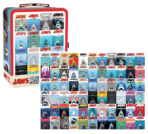 AQUARIUS Jaws 50th Anniversary 500pc Puzzle with Fun Box - 500 Piece Puzzle (14x19) in Sturdy Tin with Plastic Handle & Embossed Front Cover - Officially Licensed Jaws Merchandise & Collectible Gift