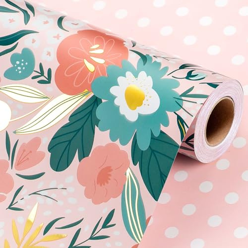Wikadlik Rosa Blumen-Geschenkpapierrolle, 43 cm x 10 m - Elegantes Blumenmuster mit rosa Punkten für Hochzeiten, Valentinstag, Brautfeiern, Muttertag & DIY-Sträuße