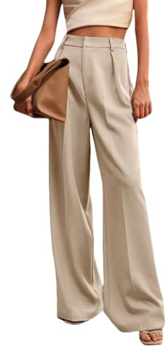 Pantalones Vestir Mujer Anchos Verano Pantalon Oficina Cintura Alta Pierna Recta Pantalones Negocios Casual Palazzo Ligeros y Cómodos,Albaricoque,S