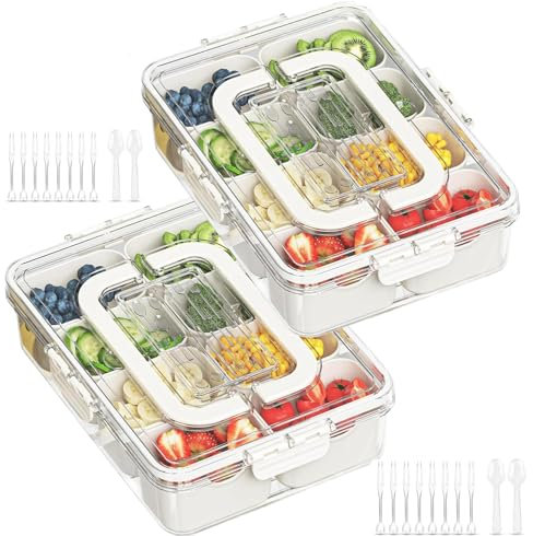 ZUSKYZU Snackbox mit 8 Fächern 2PC, Snackteller aus PP Spülmaschinenfest, Snackschale mit Deckel und Griff, Tragbar Snackbox Organizer für Süßigkeiten Obst Keksen Dessert Gemüse Nüsse