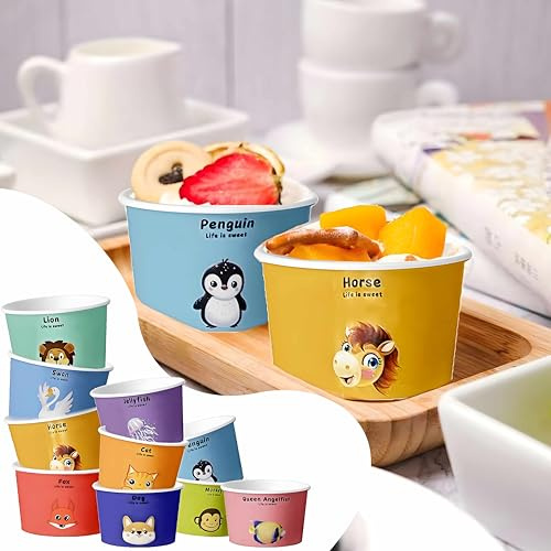 QIANAI Tazón Papel para Helado, 50 Cuencos de Helado con 50 Cucharas, Helados Cuencos, Ice Cream Cup, Tarrina Helado, Vasos Carton, Vasos para Helado, Vasos de Papel para Postres
