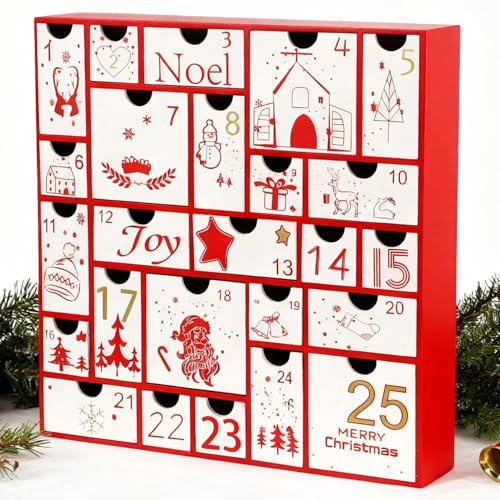 Juegoal Advent Calendar, 11.8'' Red Wooden Advent Calendars with 25 Storage Drawers Countdown to Christmas 2025, Christmas Advent Holiday Decor