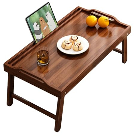 Bambu sängbord med handtag, fällbara ben, frukostbricka, telefon- och surfplattahållare, hopfällbart laptopskrivbord, köksserveringsfat 63x33x28 cm(Walnut)