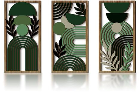 burkfeeg 3-teiliges Grün Boho Wandkunst Set, Modern Abstrakte Kunstdrucke Geometrische Minimalistisch Bilder, Botanisch Holz Wandbilder für Schlafzimmer Wohnzimmer Wanddeko 20X40 cm Ohne Rahmen