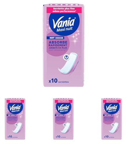 Vania | Serviettes Hygiéniques Maxi Nuit (10 pièces) – Serviettes plus fines à absorption rapide haute tolérance – Protection périodique avec forme anatomique extra longue (Lot de 4)