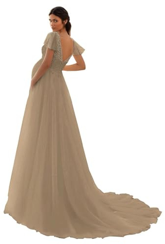 HAIBFJIN Vestido de maternidad de tul, cuello en V, vestido de novia para embarazadas, vestidos de maternidad para baby shower, sesión de fotos, pardo, 60