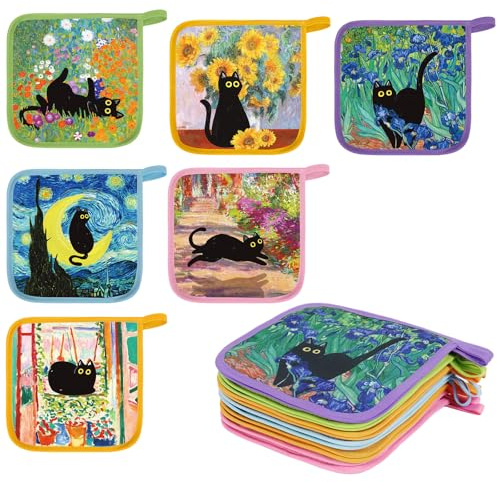 Whaline 12 Pcs Art Print Pot Holders Heat Resistant Non-Slip Potholders Famous Painting with Black Cat Hot Pads for Cooking Baking
