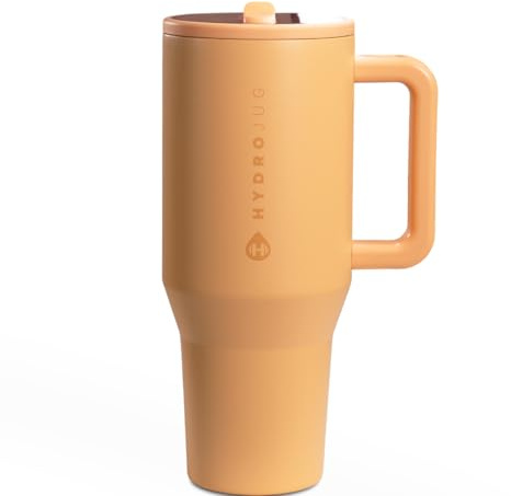 HydroJug Traveler - 40 oz Water Bottle with Handle & Flip Straw - Fits in Cup Holder, Leak Resistant Tumbler-Reusable Insulated Stainless Steel & Rubber Base - Gifts for Women & Men, Marigold