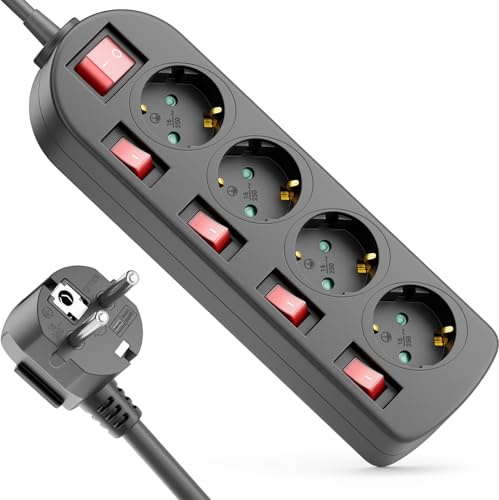 deleyCON Multipresa 4 Vie - Interruttore ON/OFF - Attivazione Singola - Cavo 1,4m - 4x Prese Presa Multipla Distribuzione Estensione Barra Alimentazione Casa Ufficio 3680W 16A - Nero