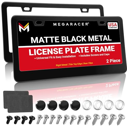Premium Matte Black License Plate Frames – 2 Pack, Rust-Free Stainless Steel, Rattle-Free, Universal with Screw Caps, Slim-Top Design, Thin Rigid Metal Front & Rear Car Tag Holders - for Men & Women