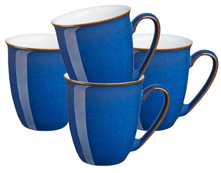 Denby - Imperial Blue Coffee Beakers/Mug Set of 4-11.5oz - Stoneware Tea Cup Mug Set - for Office & Home - Dishwasher Safe - Ceramic Tea Cups with Deep Blue Glaze - Chip Resistant