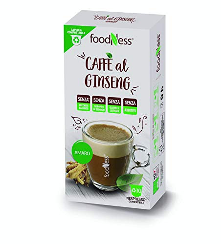 FoodNess - Capsula Caffè al ginseng amaro compatibile con sistema nespresso senza glutine, lattosio e zuccheri aggiunti(1 box Tot. 10 Capsule)