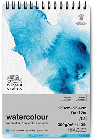 Winsor and Newton Watercolour Paper Pad, 17.8 x 25.4 cm, 12 Sheets, 300 g/m�, Spiral Bound, Cold Pressed, Acid , Mixture of 25 Percent Cotton and Cellulose Fibres, Natural White